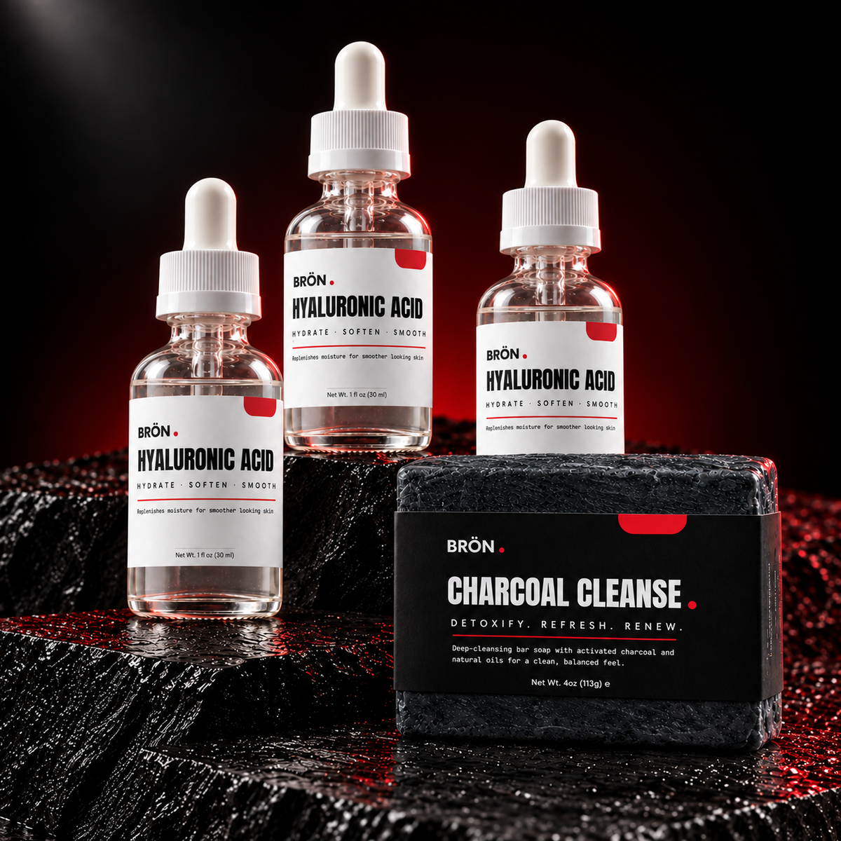 Three HYALURONIC ACID bottles and one Charcoal Cleanse Soap bar