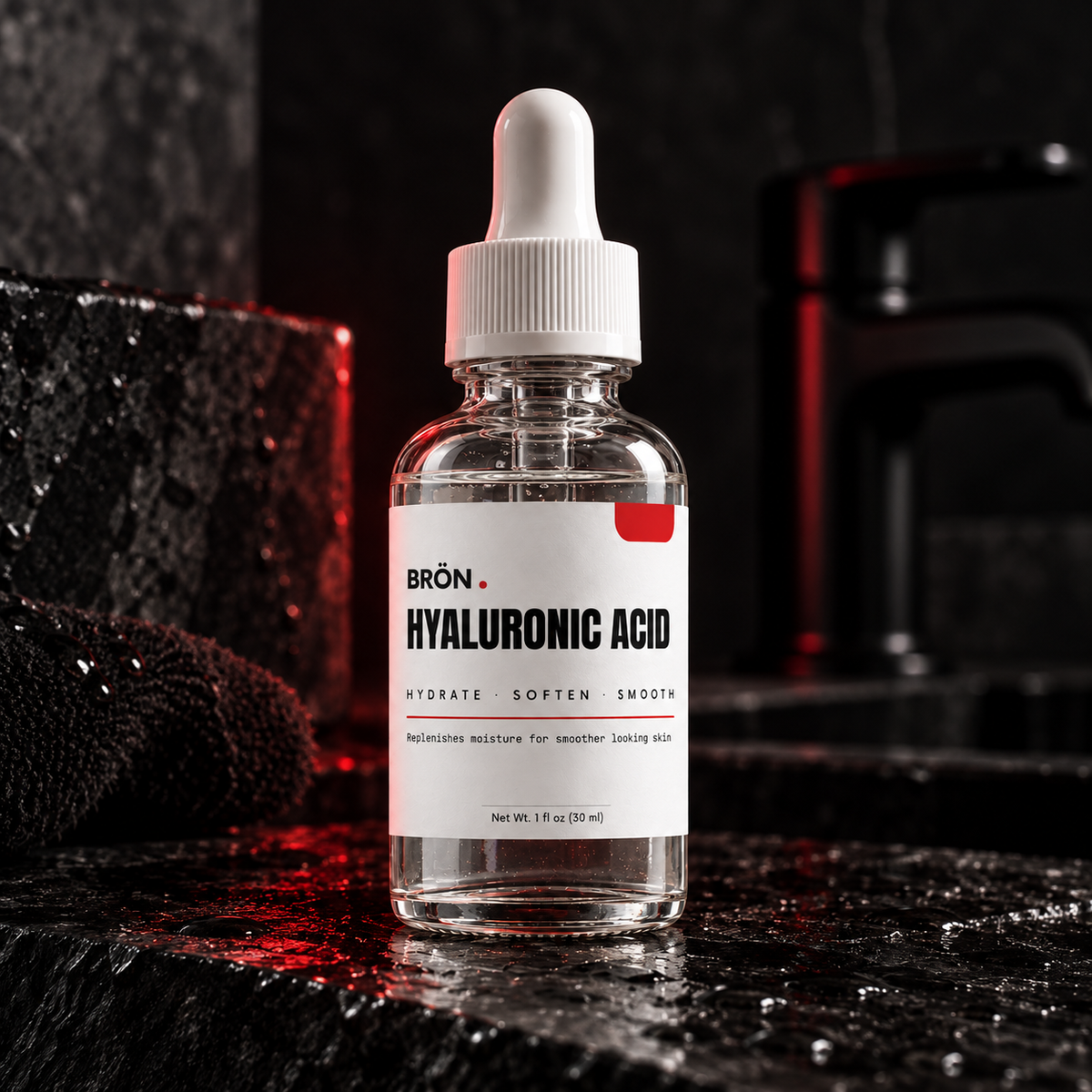 HYALURONIC ACID on a dark stone bathroom vanity