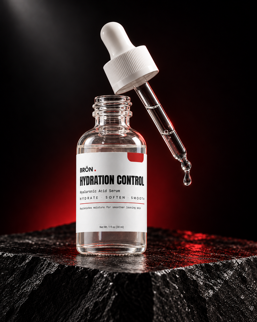 BRÖN HYDRATION CONTROL hyaluronic acid serum in a clear glass bottle with its glass dropper