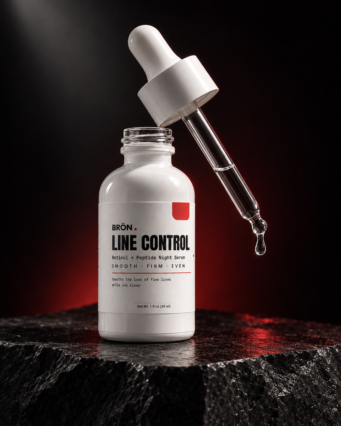 BRÖN LINE CONTROL retinol and peptide night serum with its glass dropper and clear serum