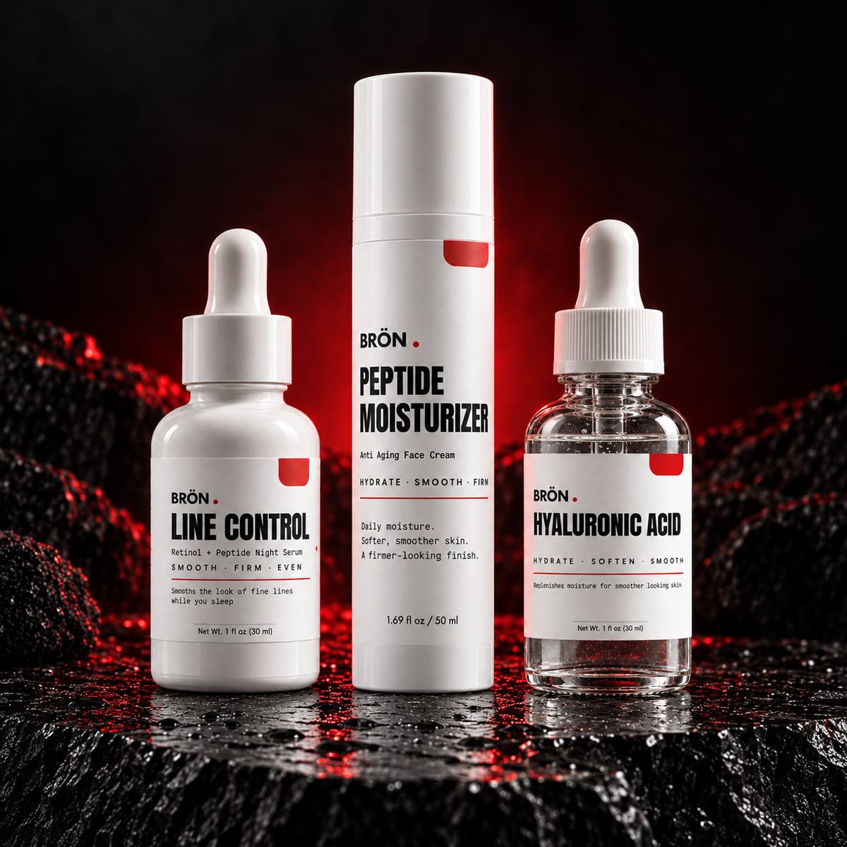 BRÖN Smooth Skin Set: Line Control, Peptide Moisturizer and Hyaluronic Acid