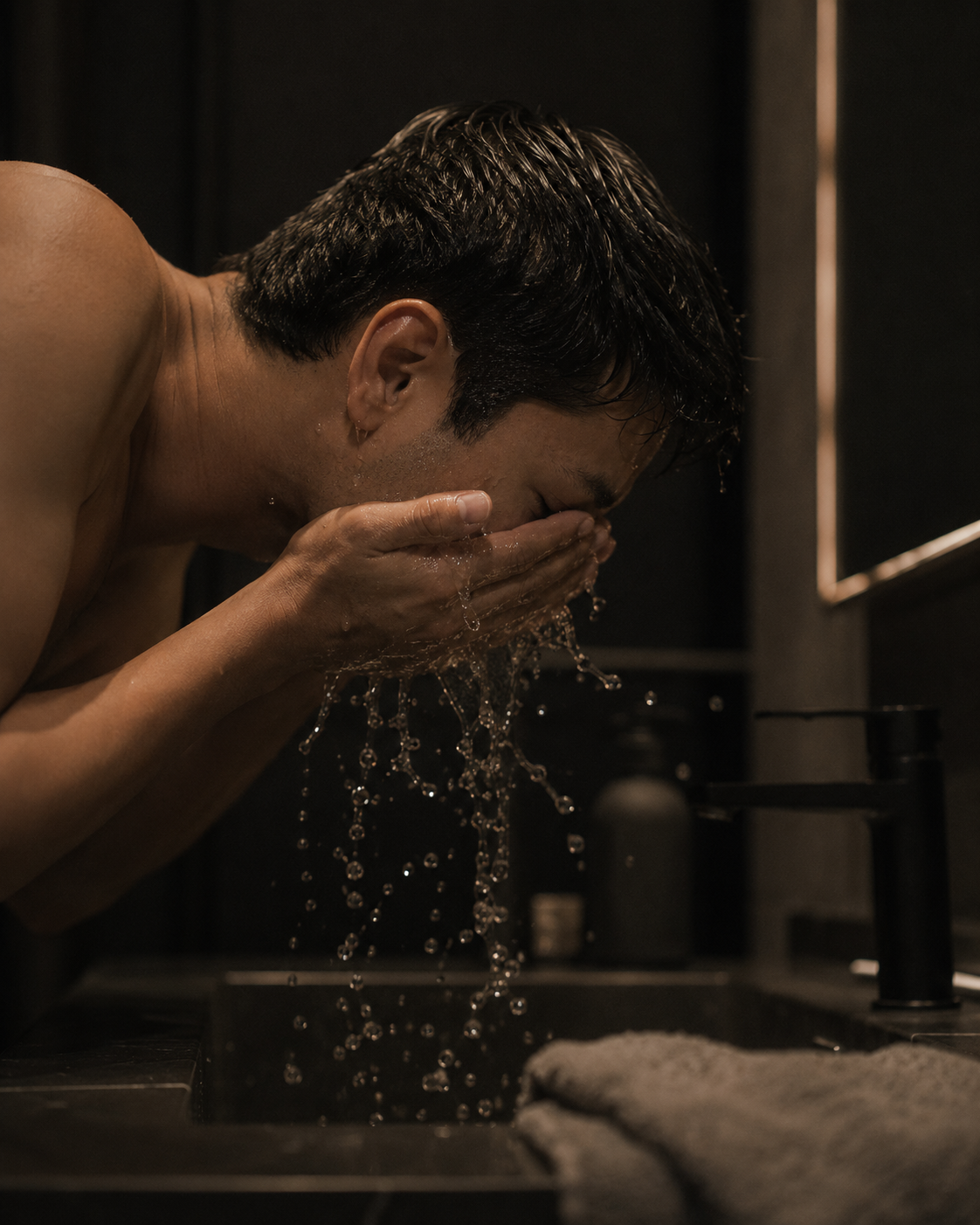 Man splashing water on his face at a dark bathroom sink
