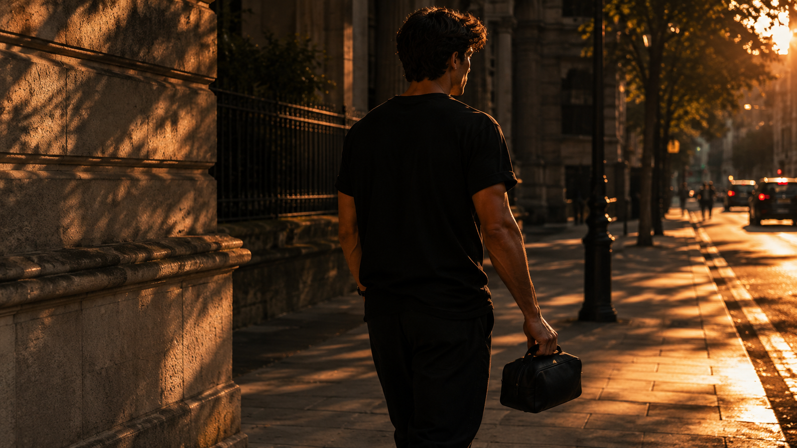 Man walking down a city street at golden hour carrying a dopp kit