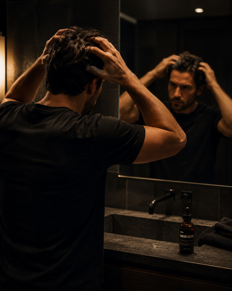 Man working BRÖN Hairline Control into his scalp at a dark bathroom mirror