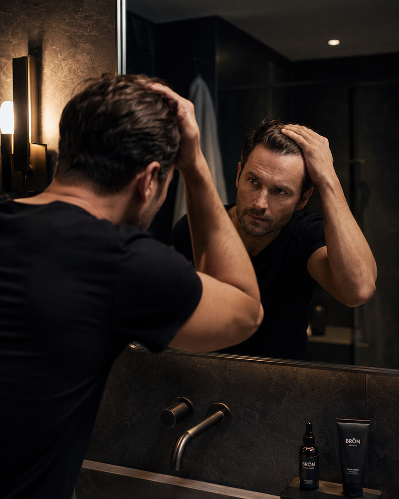 Man checking his hairline in the bathroom mirror