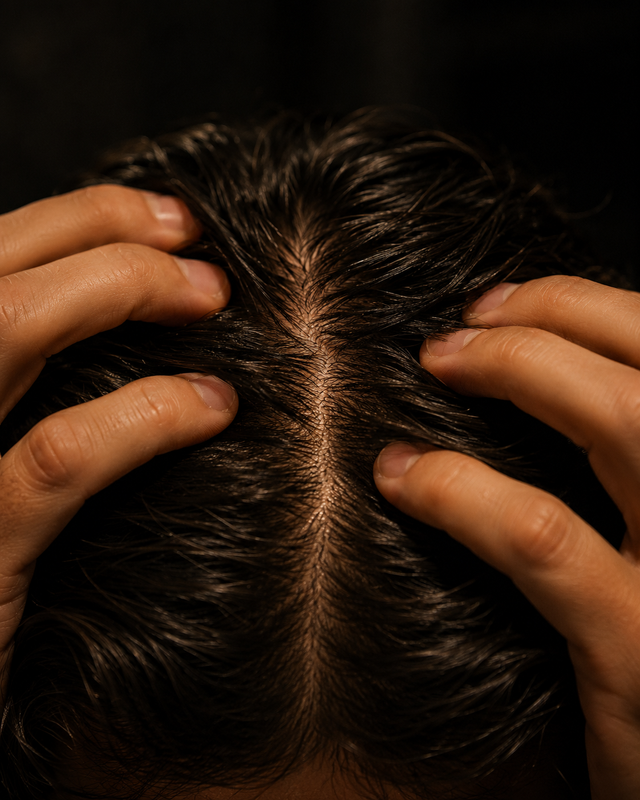 Man parting his hair at a dark bathroom mirror