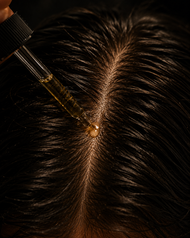 Dropper placing BRÖN Hairline Control oil on the scalp