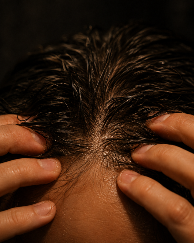 Man massaging oil into his scalp with his fingertips