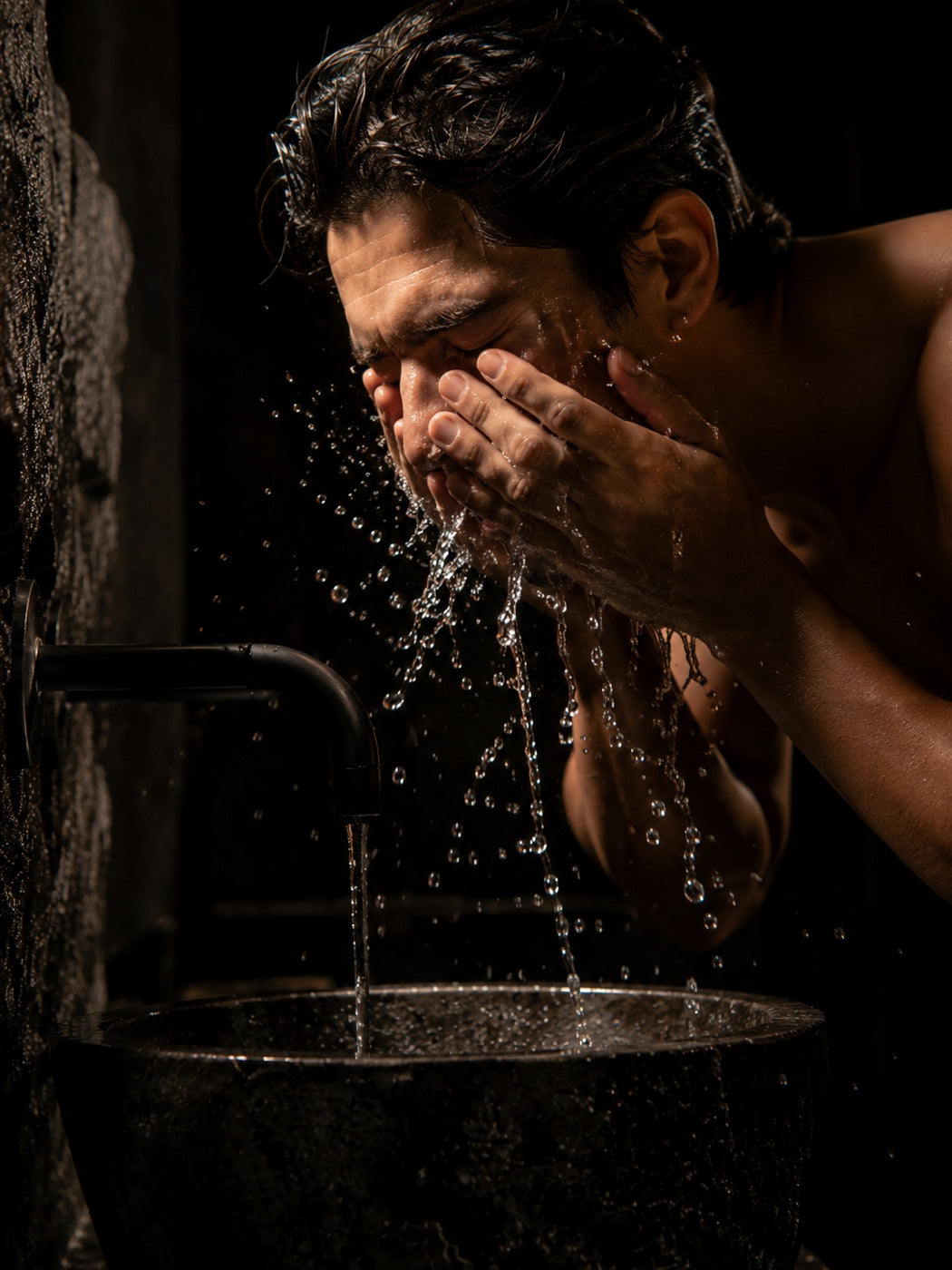 Man splashing water on his face at a dark bathroom sink