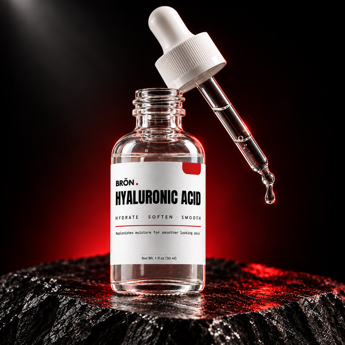 BRÖN HYALURONIC ACID clear glass bottle with hyaluronic acid serum and a glass dropper