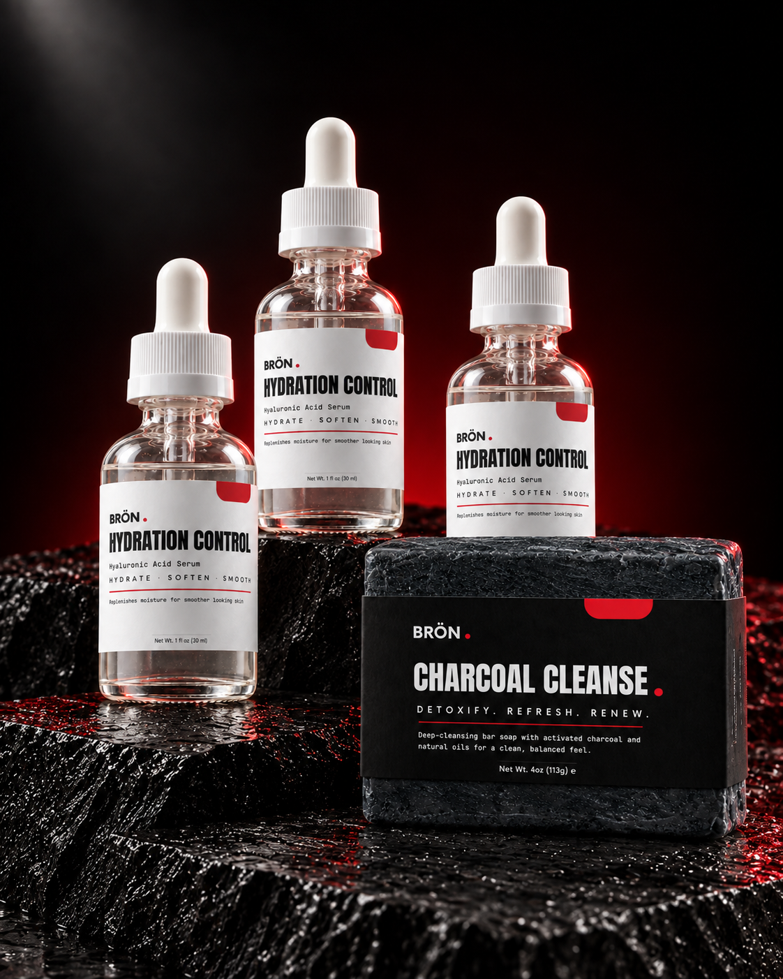 Three HYDRATION CONTROL bottles and one Charcoal Cleanse Soap bar
