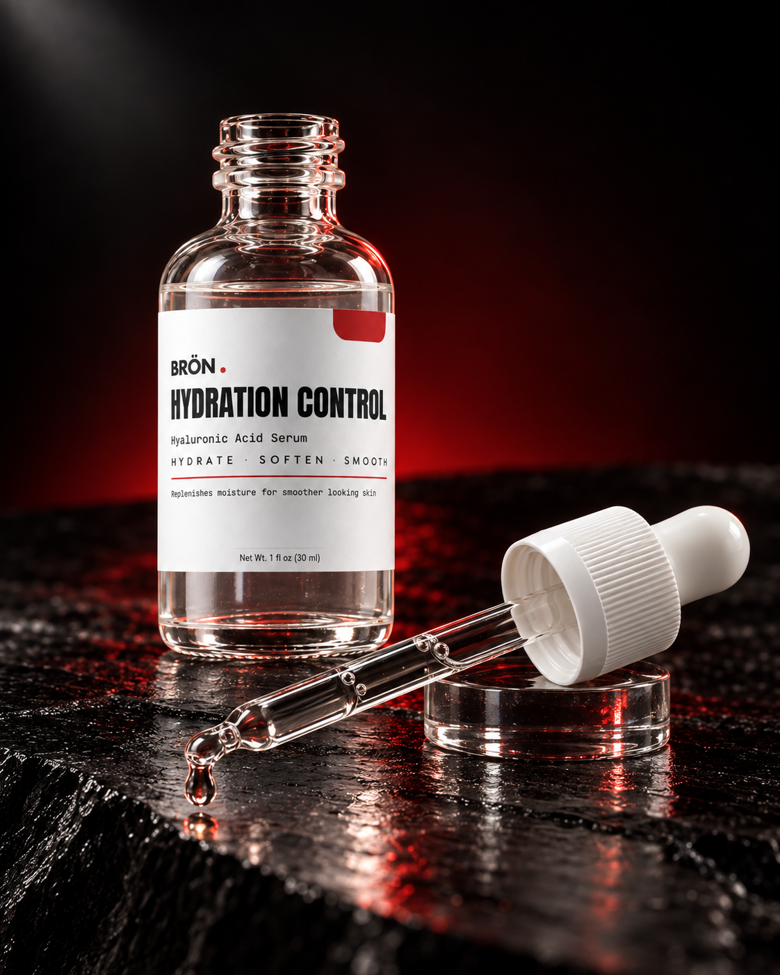 Clear hyaluronic acid serum in a glass pipette