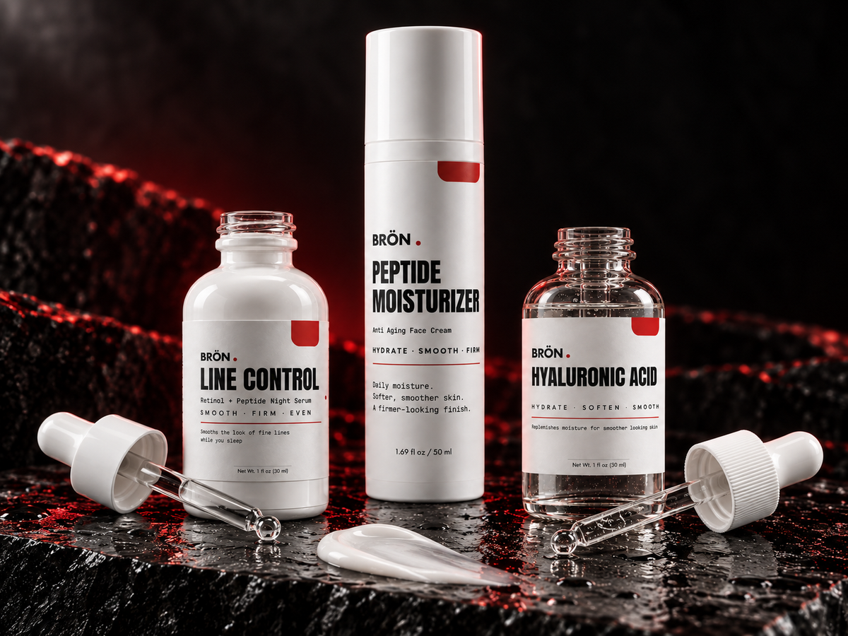 The three BRÖN formulas with clear serum droppers and moisturizer texture