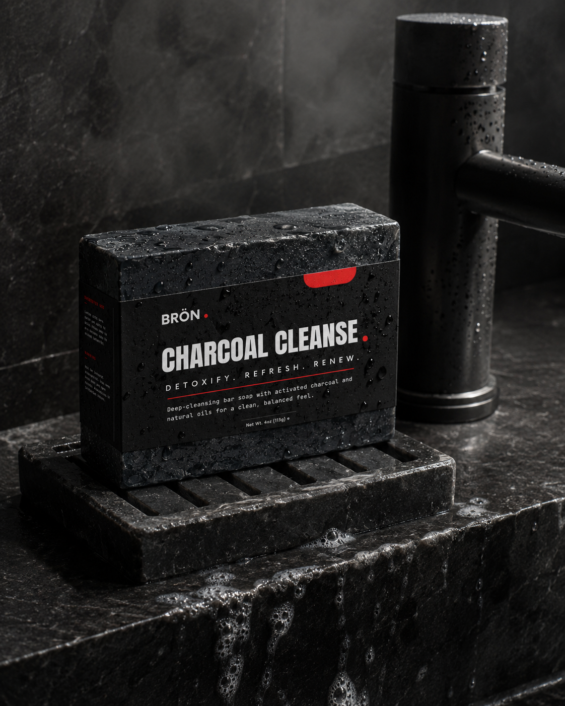 The charcoal soap bar drying on a slotted stone tray beside the faucet