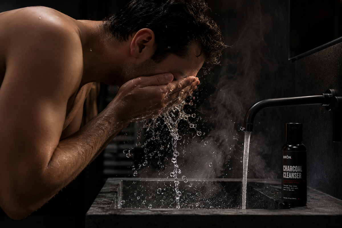 Man splashing water on his face at a dark stone sink