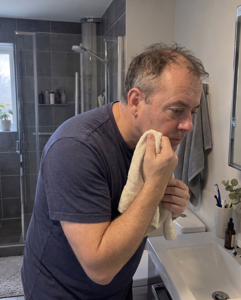 Man in his fifties patting his face dry after cleansing