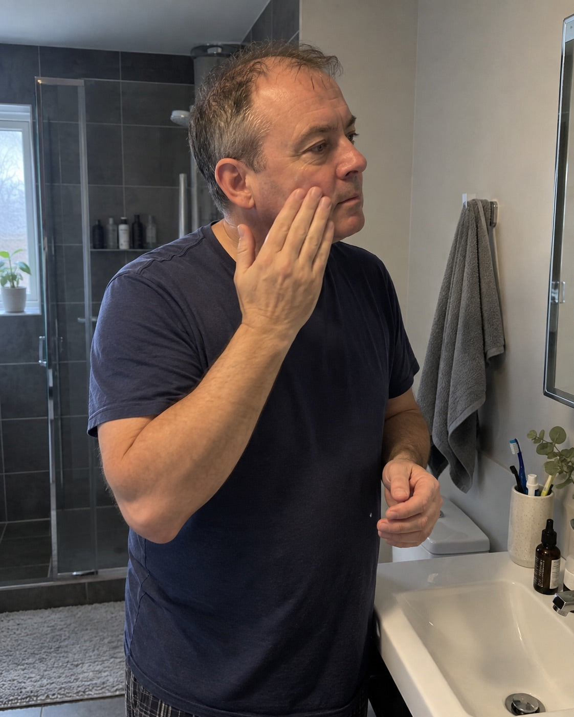 Man in his fifties applying serum at his bathroom mirror
